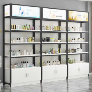 Good Quality Supermarket Iron Wood Bookshelf Storage Rack Shelves Cosmetic Display Stand Cabinet with Light Box