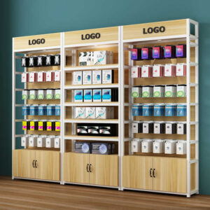 Wooden Metal Cheap Price Standard or Customized Gondola Cosmetic Store Furniture Shelves Led Shop Display Rack Shop Shelving