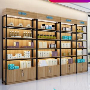 High Quality Store Shelves Display Racks Acrylic Display Stand LED Light Wooden Showcase for Wine